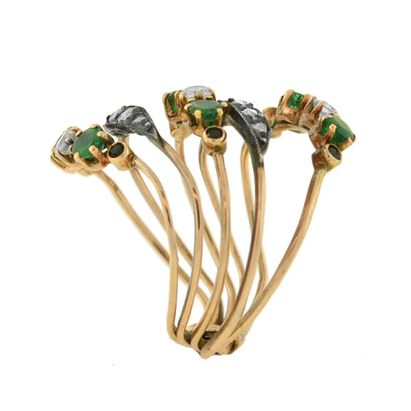 Late Victorian 14kt Emerald & Diamond Curvy Harem Ring - Image 5