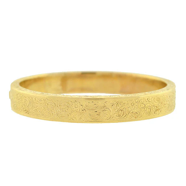 Art Deco 14kt Etched Gold Hinged Bangle Bracelet - Image 3