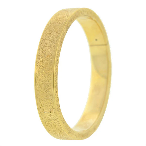 Art Deco 14kt Etched Gold Hinged Bangle Bracelet - Image 6