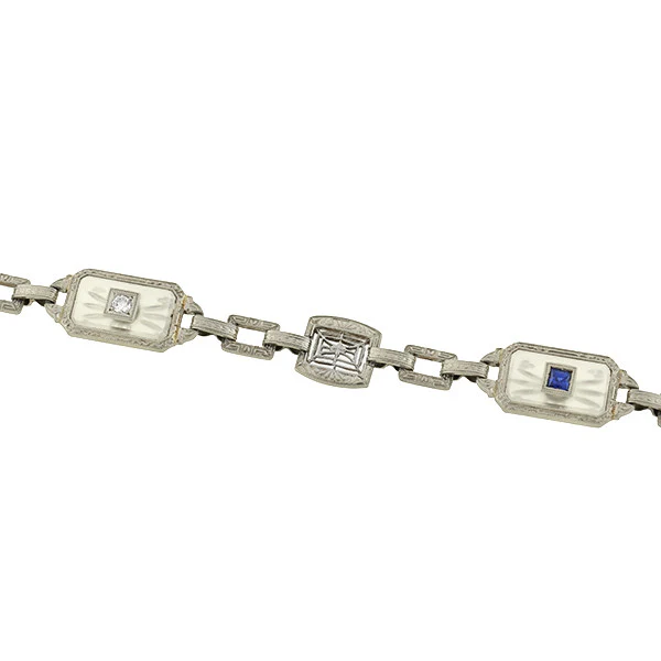Art Deco 14kt Rock Crystal Sapphire & Diamond Bracelet - Image 3