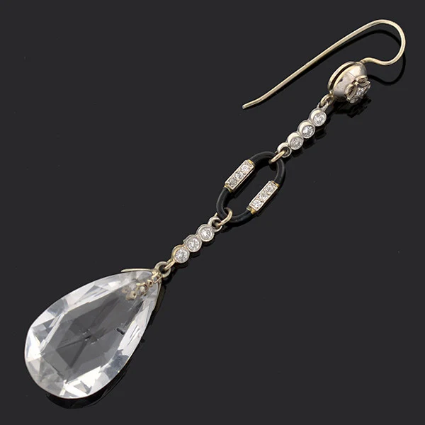 Art Deco 14kt Rock Quartz Crystal & Diamond Earrings - Image 3