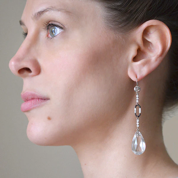 Art Deco 14kt Rock Quartz Crystal & Diamond Earrings - Image 7