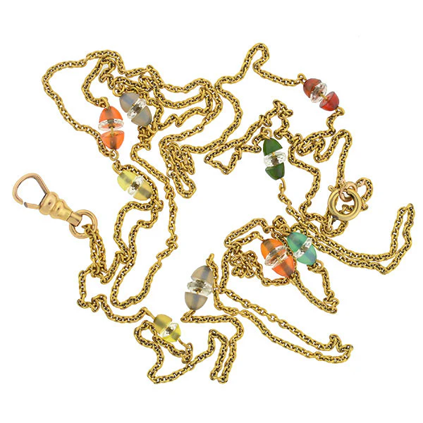 Art Deco 14kt Watch Chain w/ Agate & Crystal Beads 51" - Image 4