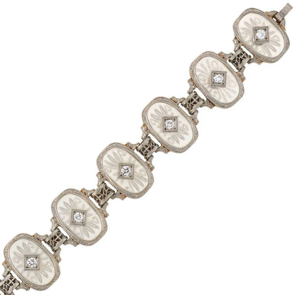 KREMENTZ Art Deco Platinum/14kt Reverse Carved Rock Crystal & Diamond Bracelet - Image 3