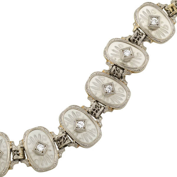 KREMENTZ Art Deco Platinum/14kt Reverse Carved Rock Crystal & Diamond Bracelet - Image 4