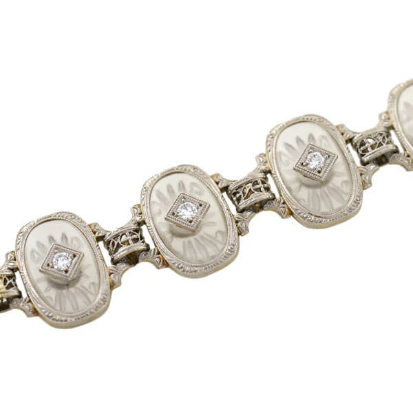 KREMENTZ Art Deco Platinum/14kt Reverse Carved Rock Crystal & Diamond Bracelet - Image 6
