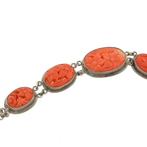 Art Deco Sterling Carved Coral Floral Link Bracelet - Image 3
