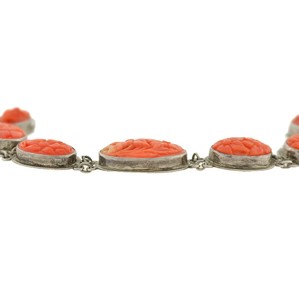 Art Deco Sterling Carved Coral Floral Link Bracelet - Image 4