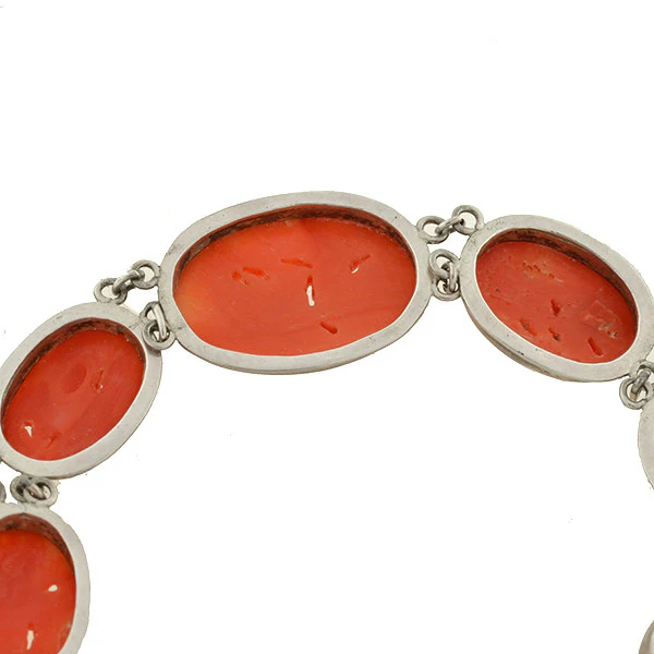 Art Deco Sterling Carved Coral Floral Link Bracelet - Image 5