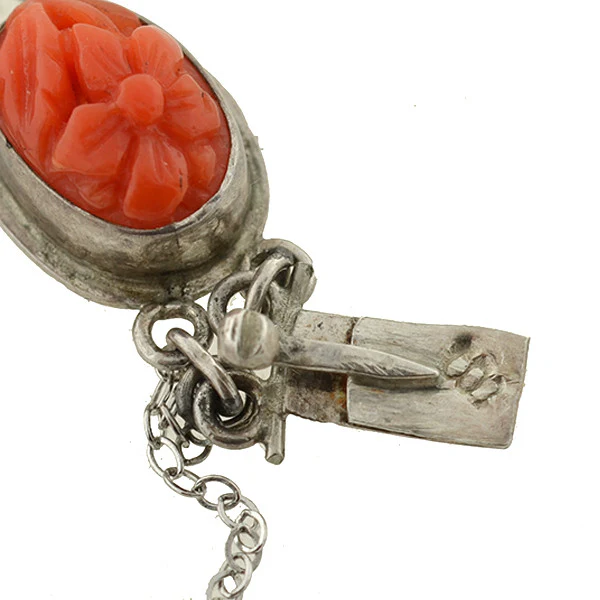 Art Deco Sterling Carved Coral Floral Link Bracelet - Image 6