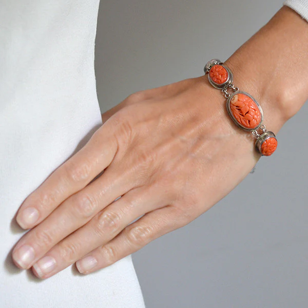 Art Deco Sterling Carved Coral Floral Link Bracelet - Image 7