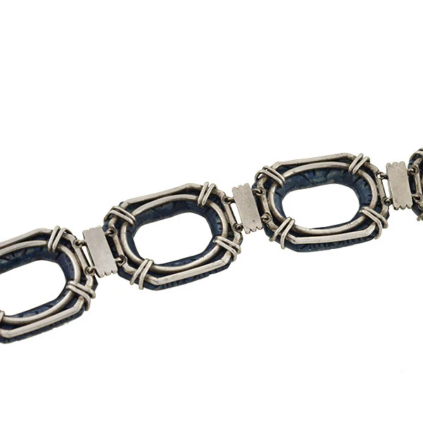 Art Deco Sterling & Carved Dyed Agate Link Bracelet - Image 5