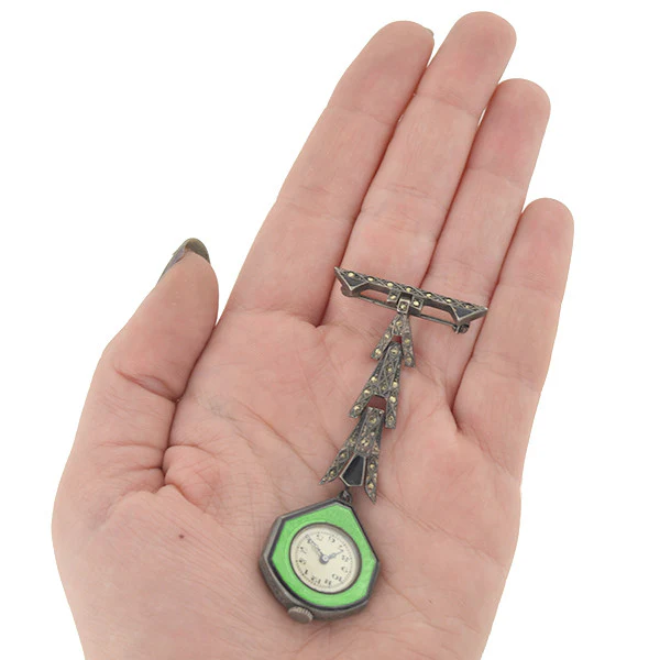Art Deco Sterling Guilloche Enamel & Marcasite Watch Pin - Image 6