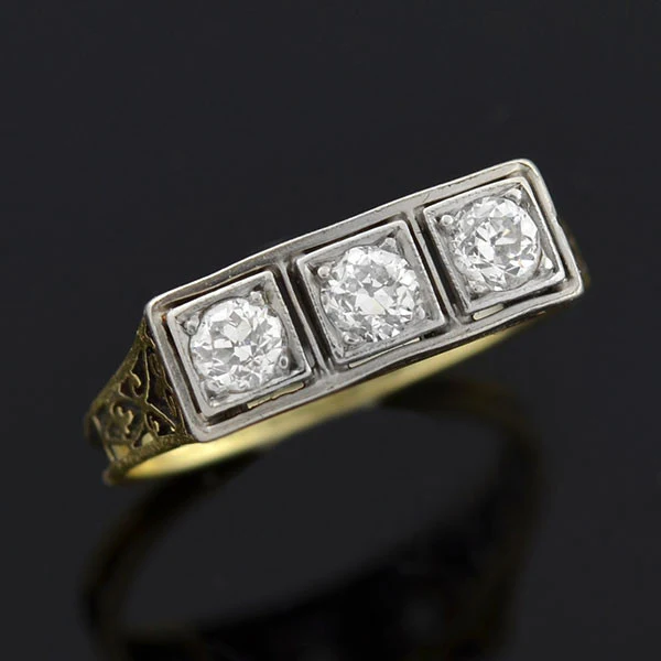 Edwardian 14kt Mixed Metals Diamond 3-Stone Filigree Ring .30ctw - Image 5