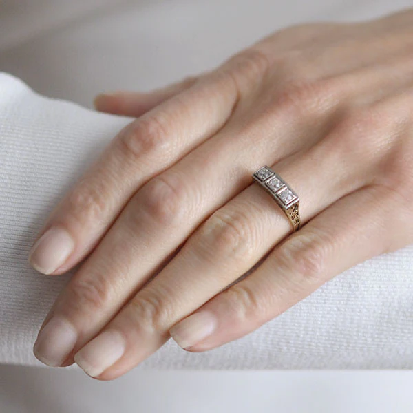 Edwardian 14kt Mixed Metals Diamond 3-Stone Filigree Ring .30ctw - Image 7