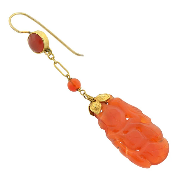 Art Deco 14kt Carved Carnelian Earrings - Image 3