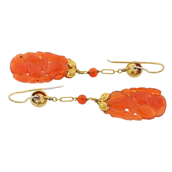 Art Deco 14kt Carved Carnelian Earrings - Image 5