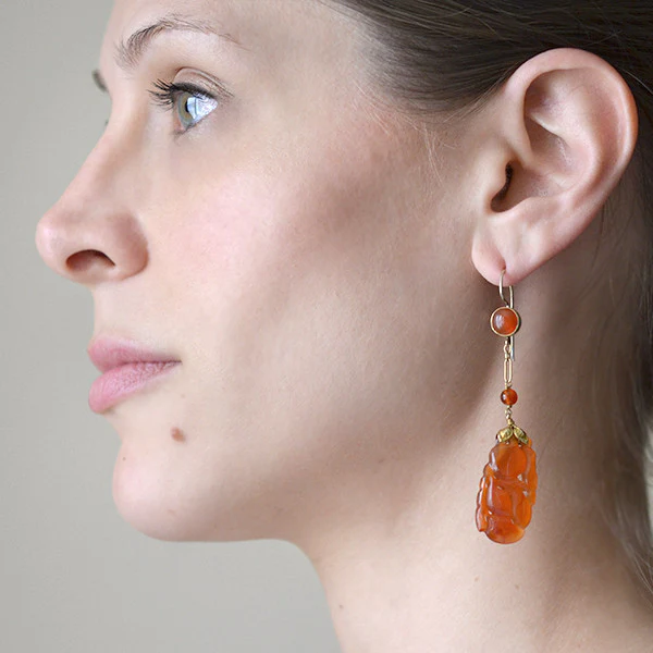 Art Deco 14kt Carved Carnelian Earrings - Image 6
