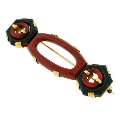 Art Deco 14kt Carved Onyx & Carnelian Pin - Image 3