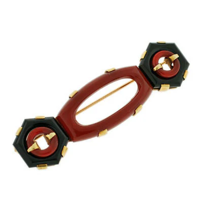 Art Deco 14kt Carved Onyx & Carnelian Pin - Image 4