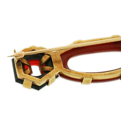 Art Deco 14kt Carved Onyx & Carnelian Pin - Image 6
