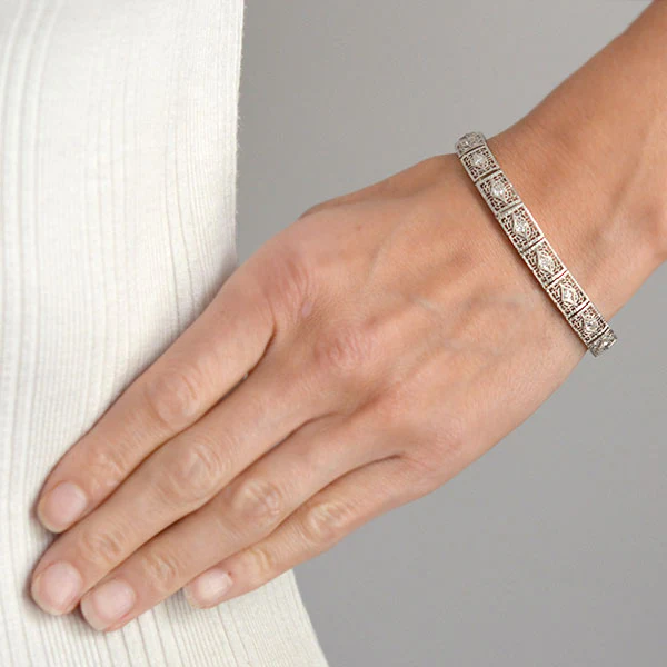 Art Deco 14kt/Platinum & Diamond Filigree Line Bracelet 1.15ctw - Image 7