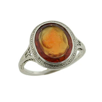 Art Deco 18kt Carved Citrine Cameo Filigree Ring - Image 6