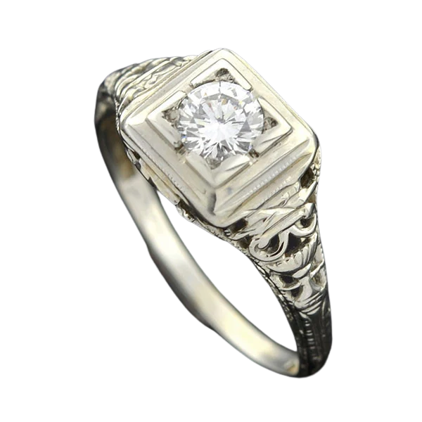 Art Deco 18kt Filigree Diamond Engagement Ring 0.30ct - Image 4