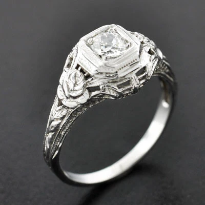 Art Deco 18kt Rose Motif Diamond Engagement Ring .35ct - Image 5