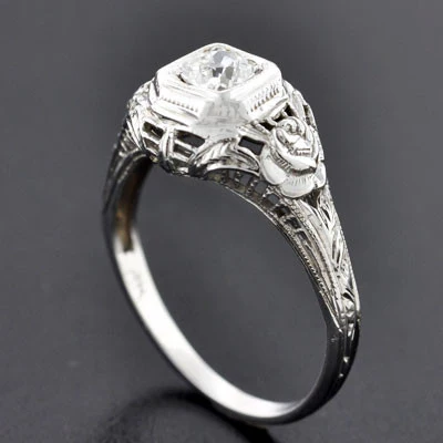 Art Deco 18kt Rose Motif Diamond Engagement Ring .35ct - Image 6