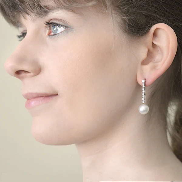 Art Deco Platinum 14kt South Sea Pearl & Diamond Earrings - Image 6