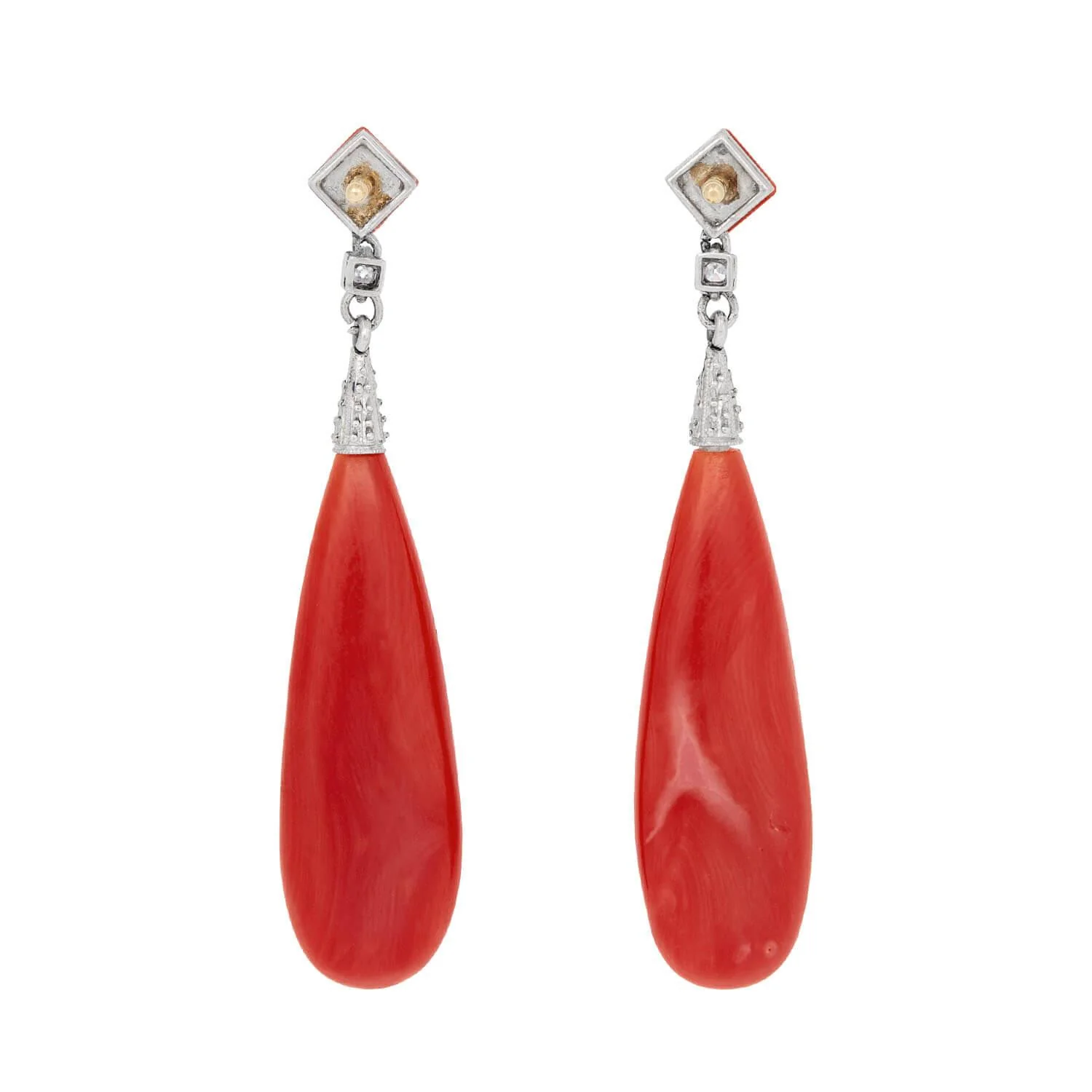 Art Deco Platinum and 18k Oxblood Coral and Diamond Drop Earring - Image 3