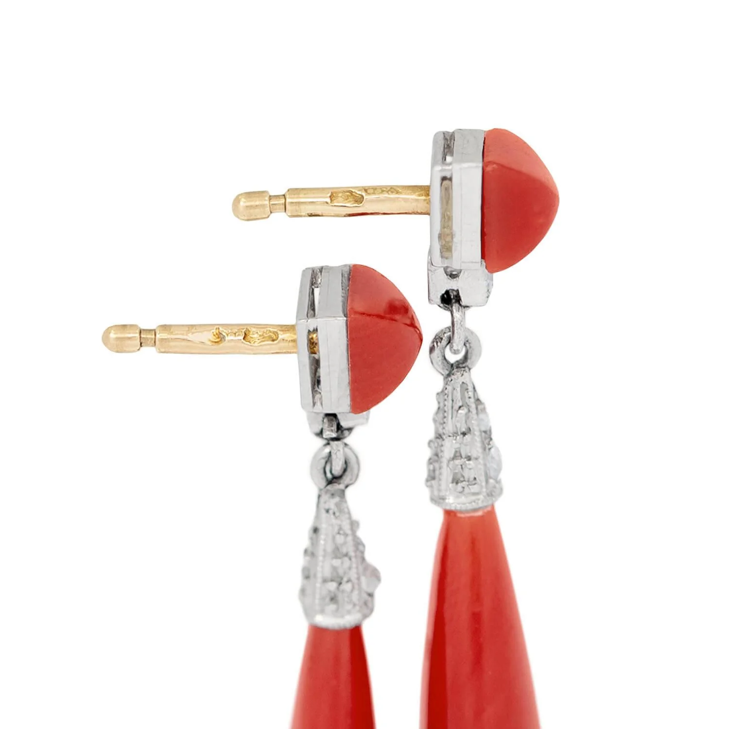 Art Deco Platinum and 18k Oxblood Coral and Diamond Drop Earring - Image 4