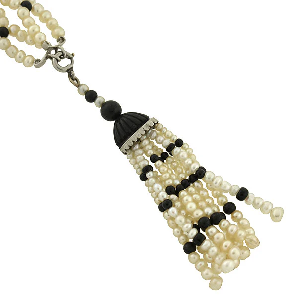 Art Deco Platinum, Natural Pearl & Enamel Bead Necklace w/ Tassel - Image 3