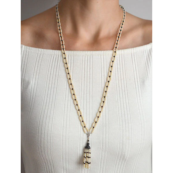 Art Deco Platinum, Natural Pearl & Enamel Bead Necklace w/ Tassel - Image 6