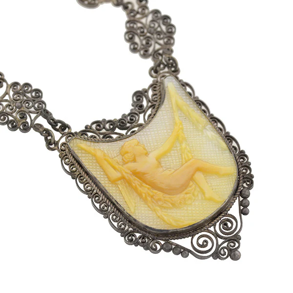 Art Deco Sterling Carved Mother of Pearl Necklace - Image 3