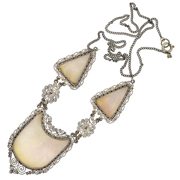 Art Deco Sterling Carved Mother of Pearl Necklace - Image 6