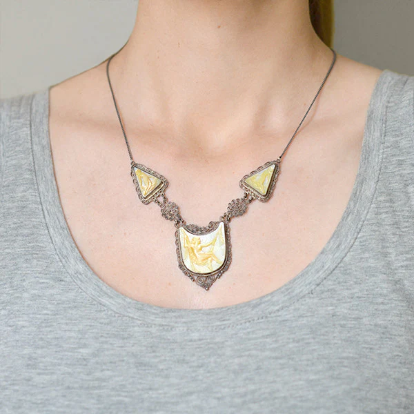 Art Deco Sterling Carved Mother of Pearl Necklace - Image 7