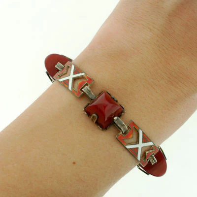 Art Deco Sterling Enamel & Carnelian Bracelet - Image 10