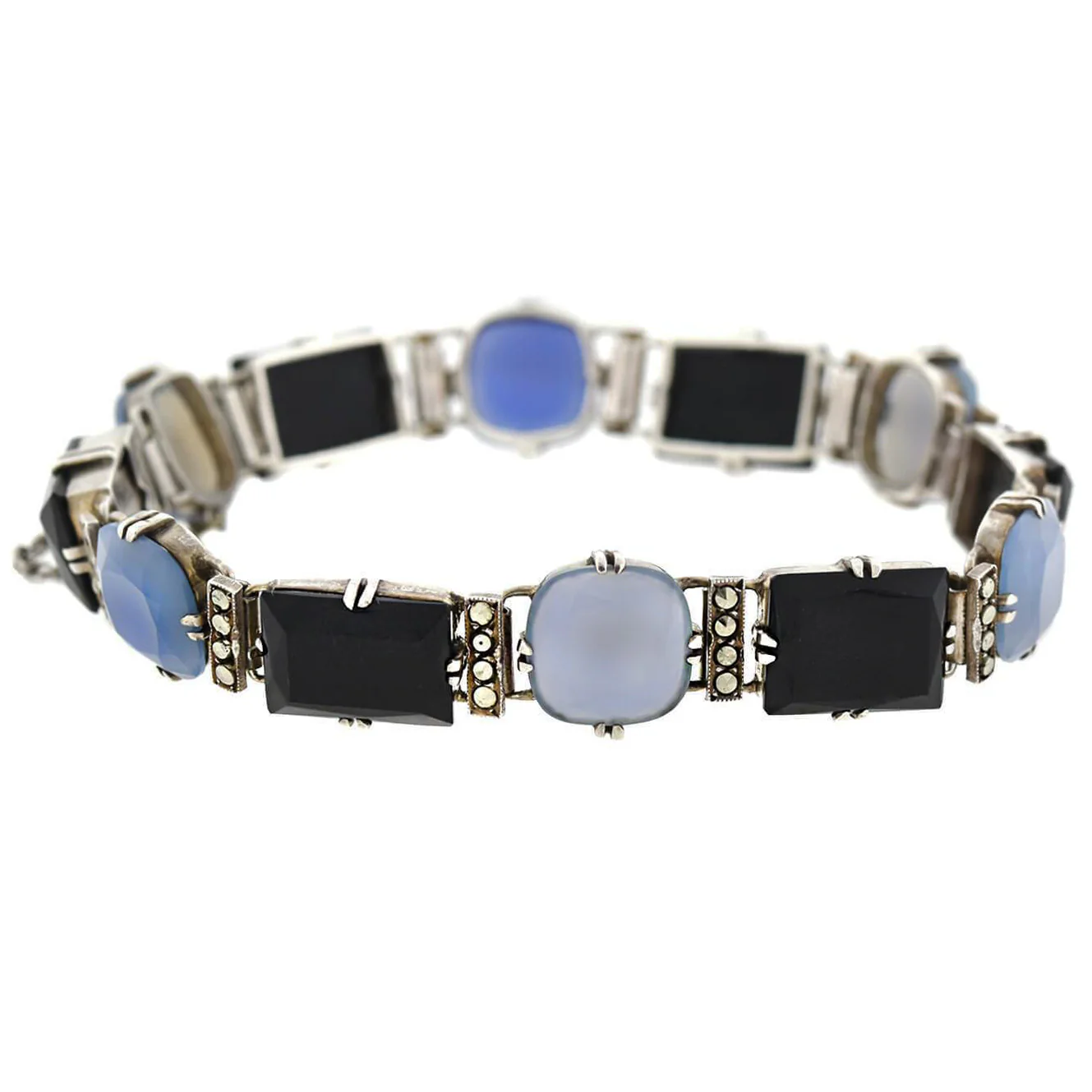 Art Deco Sterling Silver Chalcedony, Onyx + Marcasite Link Bracelet - Image 3