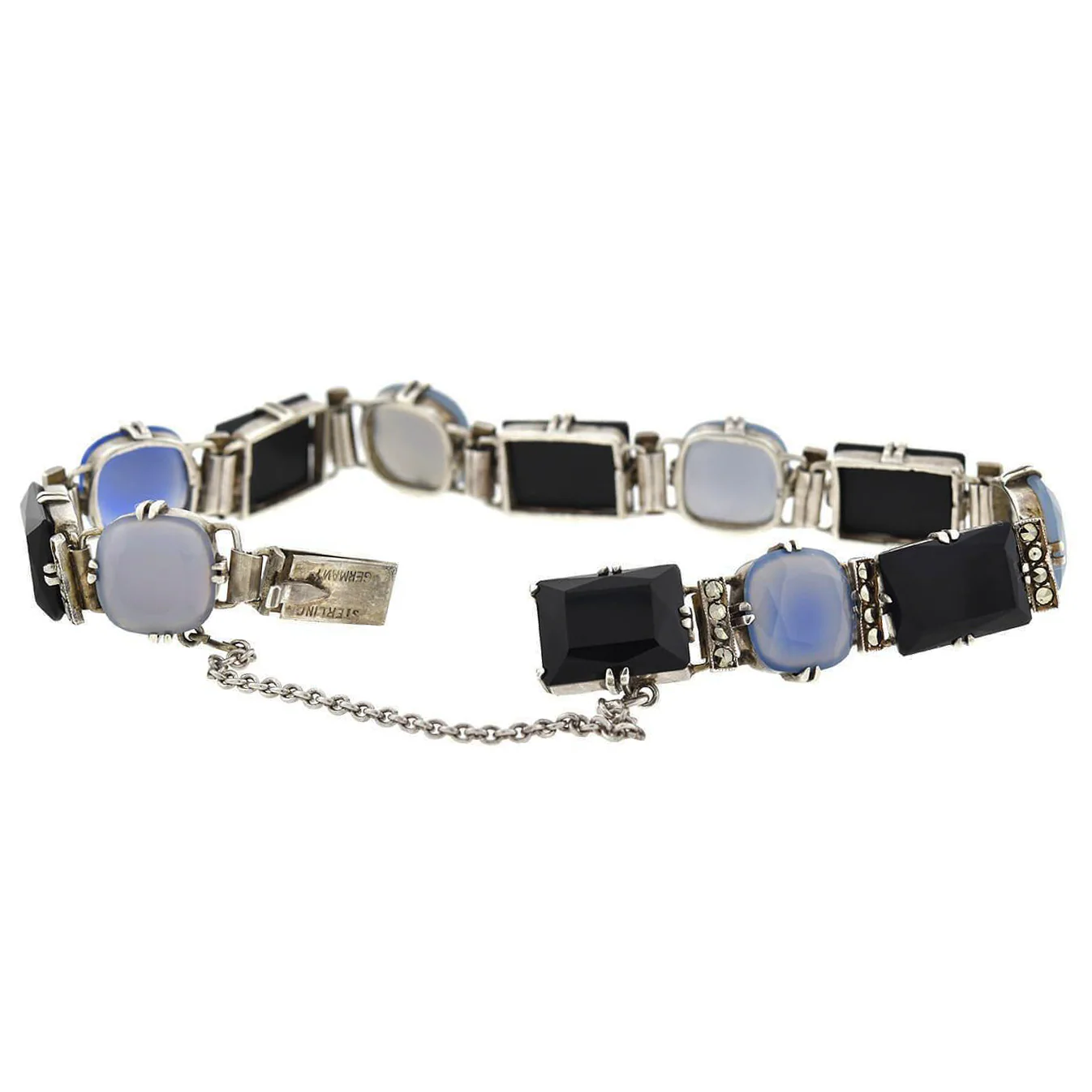Art Deco Sterling Silver Chalcedony, Onyx + Marcasite Link Bracelet - Image 4