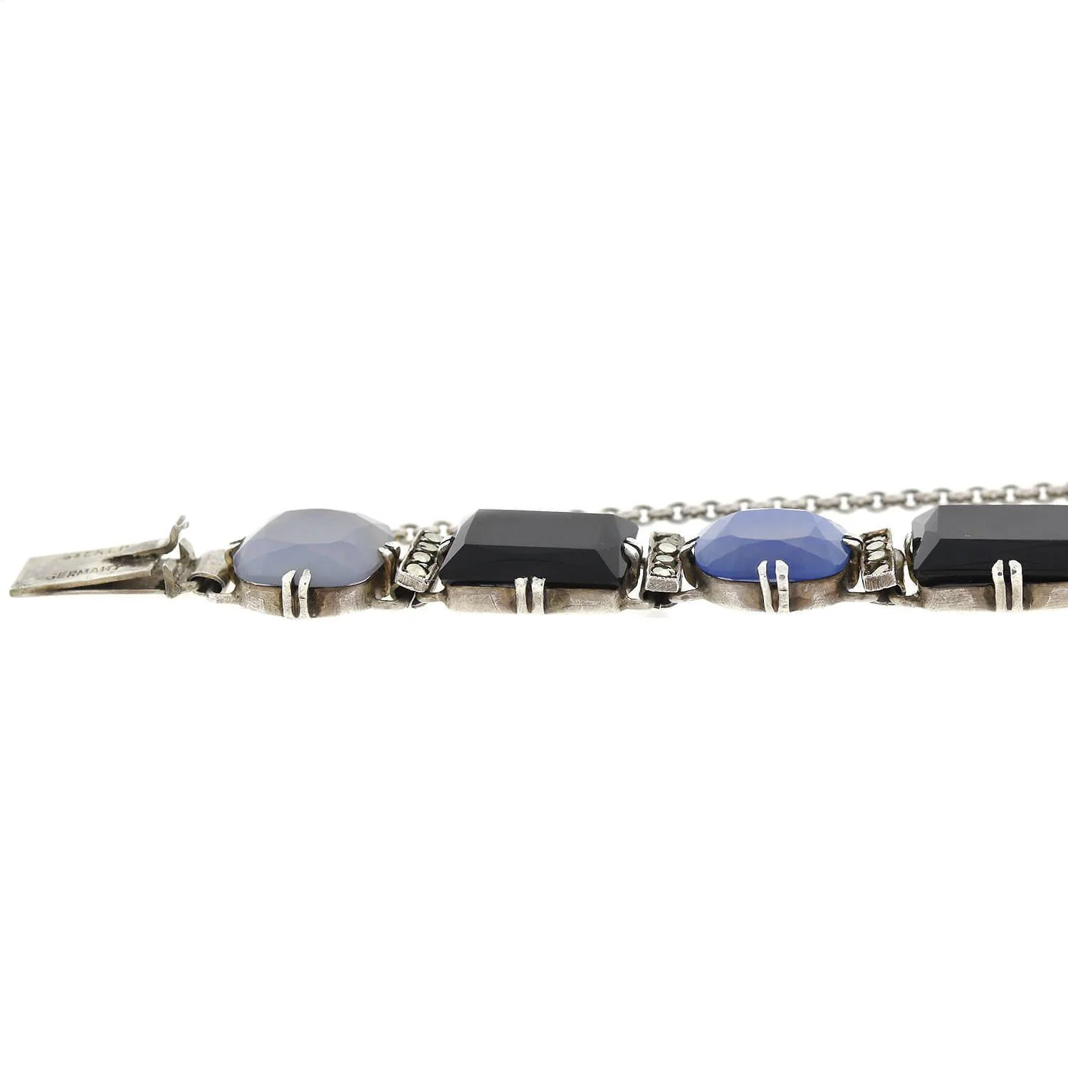 Art Deco Sterling Silver Chalcedony, Onyx + Marcasite Link Bracelet - Image 5