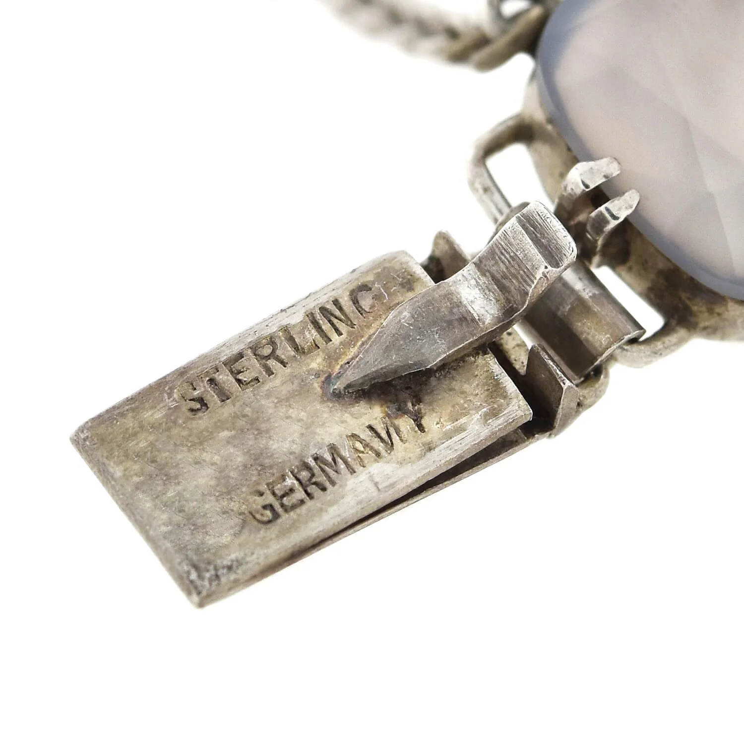 Art Deco Sterling Silver Chalcedony, Onyx + Marcasite Link Bracelet - Image 7