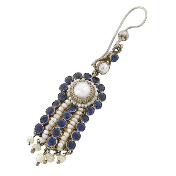 Arts & Crafts Era Austro-Hungarian Sterling Pearl & Faux Sapphire Earrings - Image 3