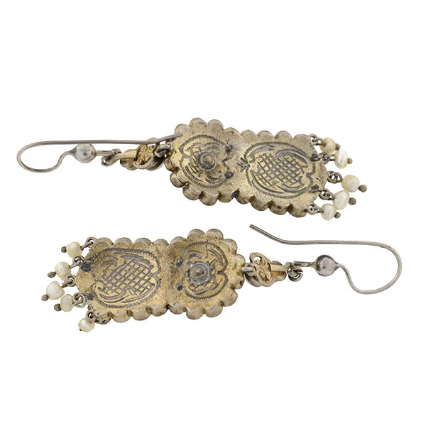 Arts & Crafts Era Austro-Hungarian Sterling Pearl & Faux Sapphire Earrings - Image 5