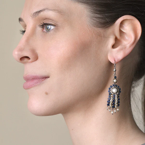 Arts & Crafts Era Austro-Hungarian Sterling Pearl & Faux Sapphire Earrings - Image 6