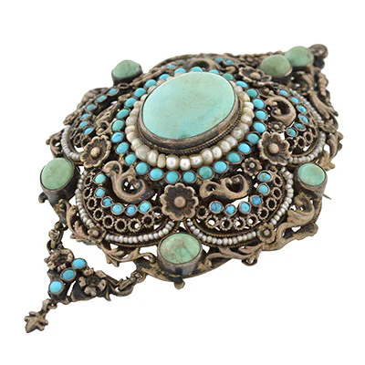 Arts & Crafts Era Hungarian Silver Gilt Turquoise & Pearl Pin/Pendant - Image 3