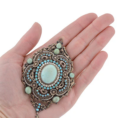 Arts & Crafts Era Hungarian Silver Gilt Turquoise & Pearl Pin/Pendant - Image 6