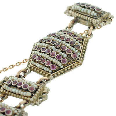 Arts & Crafts Hungarian Sterling Pink Sapphire & Pearl Bracelet - Image 5