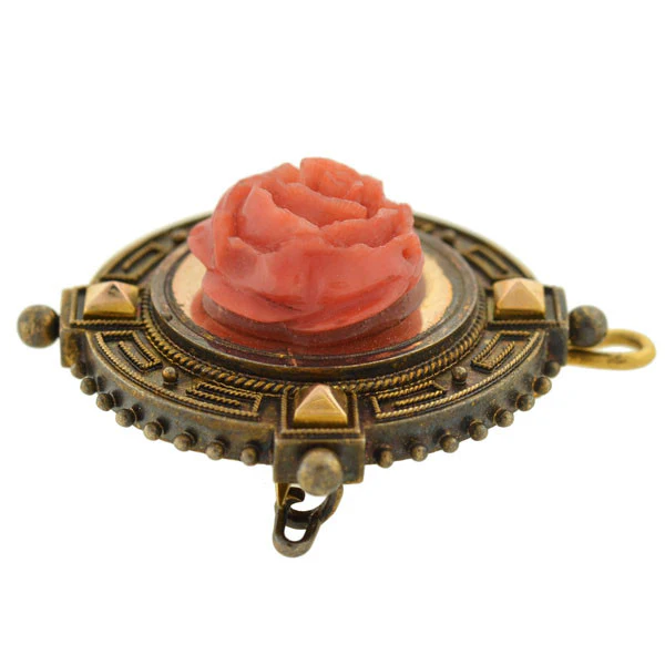 Victorian 18kt Carved Coral Rose Earring & Pin/Pendant Set - Image 4